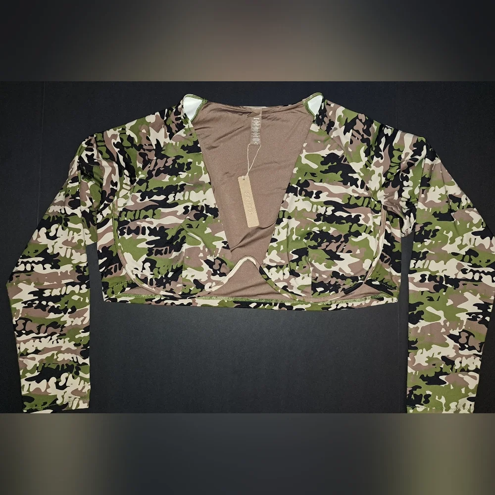 NWT SKIMS Swim Underwire Long Sleeve Top Tie Bikini Swimsuit Suit Set CAMO 3X 4X